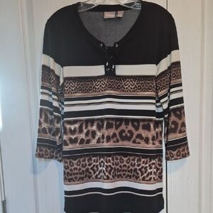 Chico's Size 0 Lace-Up Leopard Stripe Tunic - Black, Brown, Cream